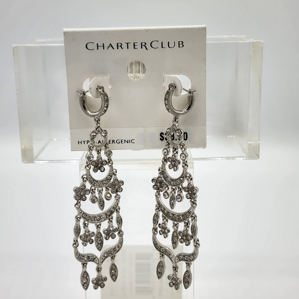 Charter Club Sparkly Chandelier Earrings Silvertone & Rhinestone